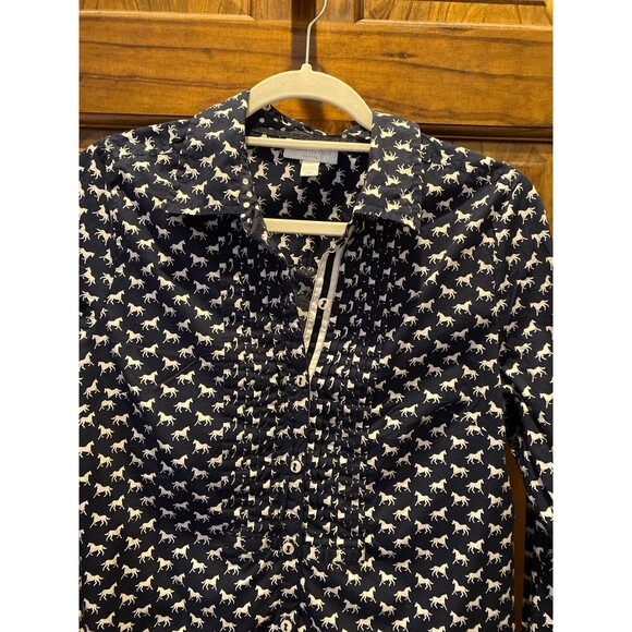 Charter Club Petite Blouse Button Down Size 10P Navy White Horses Fitted Equine - Picture 2 of 10